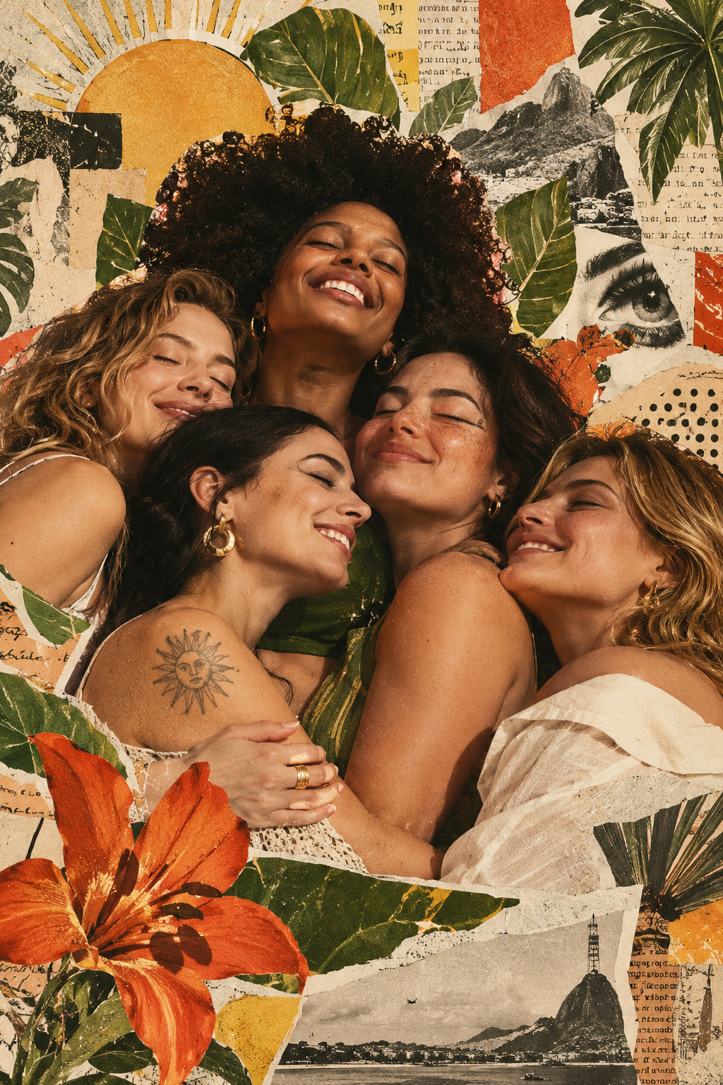 Mulheres se abraçando em uma composição editorial que representa conexão e acolhimento